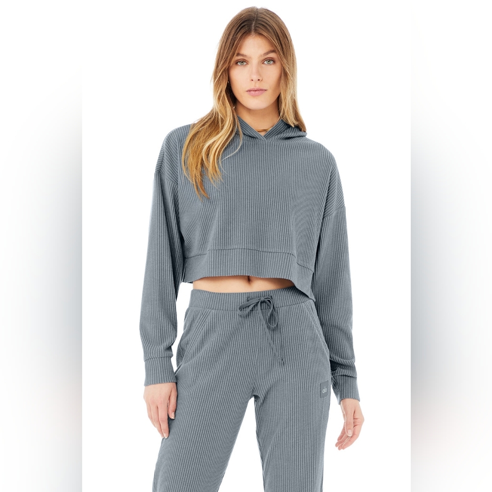 ALO Yoga Ribbed Cropped Hoodie and Joggers Set in Heather Gray